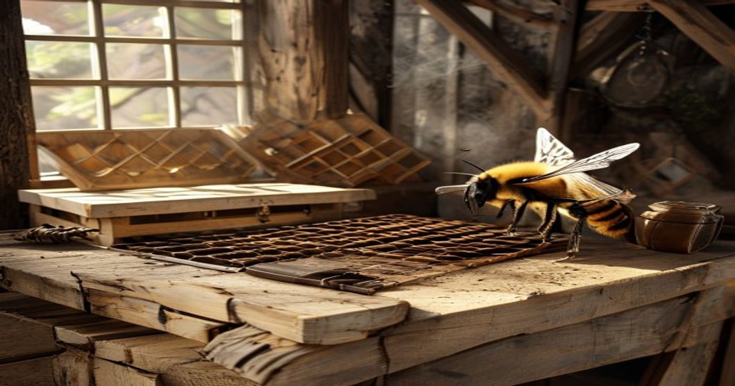 Beekeeping workbench with hive tool, smoker, protective gloves, and wooden frames